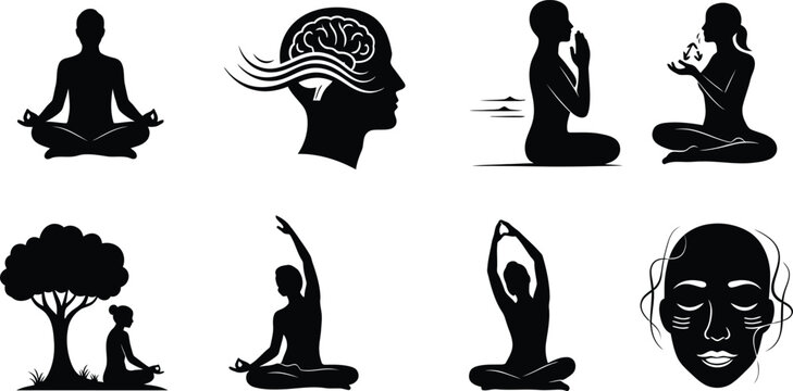 Mental health meditation and mindfulness icons with yoga breathing exercise stress relief and wellness silhouettes