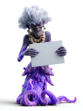 Purple octopus merfolk witch character holding blank sign