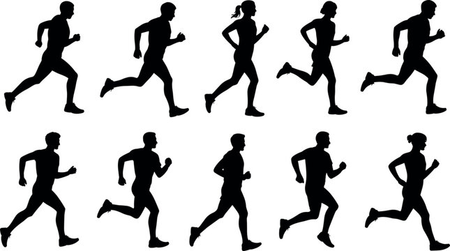 Dynamic side view silhouettes of diverse men and women runners jogging racing and exercising in a professional vector asset collection