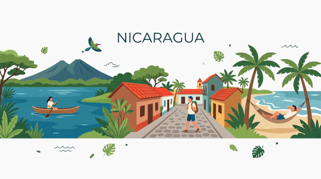Nicaragua travel banner with volcano lake canoe boat traditional village street and beach hammock