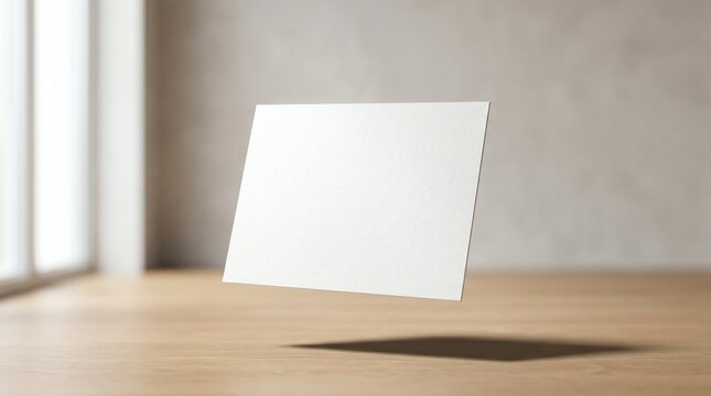 Minimal Floating Blank Card Mockup On Wooden Desk