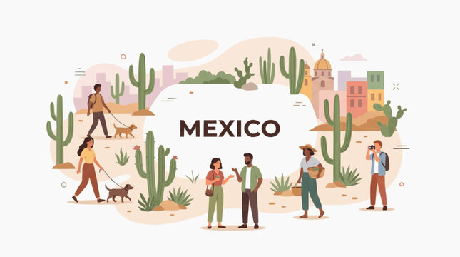 Mexico travel banner with desert landscape cactus plants people walking dogs and traditional architecture