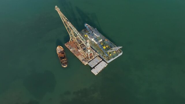 Aerial view of a large industrial floating crane barge and a vessel in the port of Augusta Syracuse, Sicily, Italy.
