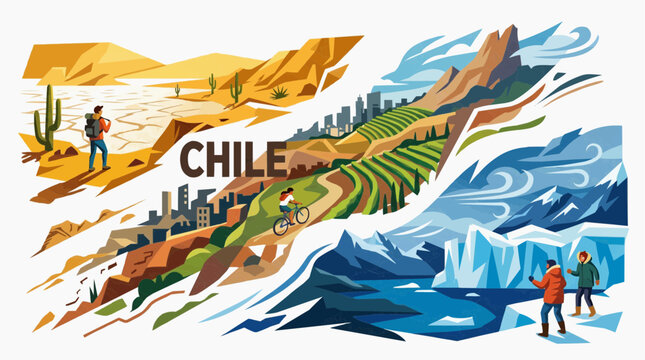Chile vector illustration featuring atacama desert cactus santiago city skyline vineyards cyclist andes mountains glaciers and patagonia penguins