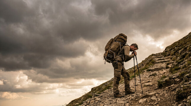 Exhausted Male Hiker with Heavy Backpack Struggling Up Steep Mountain Path Under Stormy Skies
