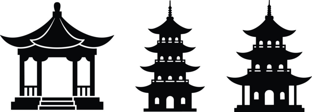 Traditional Asian pagoda and gazebo black silhouette vector collection isolated on a white background