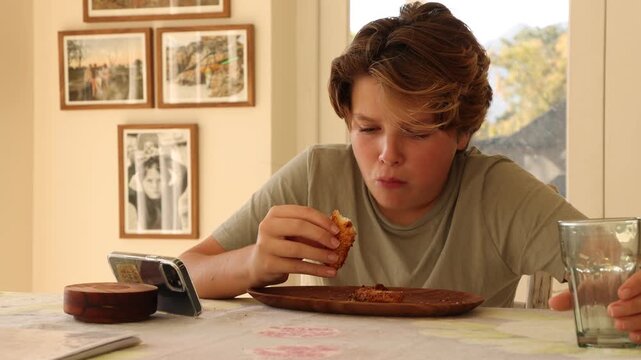 12 year old boy eating lunch and using smart phone at home