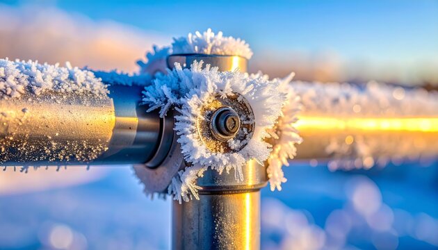 Extreme macro cryogenic industrial valve frost ice buildup operational reliability extreme cold copy space