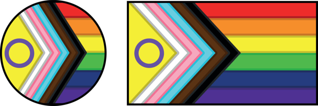 Progress pride flag set with circle and rectangle variants, Intersex inclusive rainbow flag design collection, Graphic elements for LGBTQ+ community celebration posters