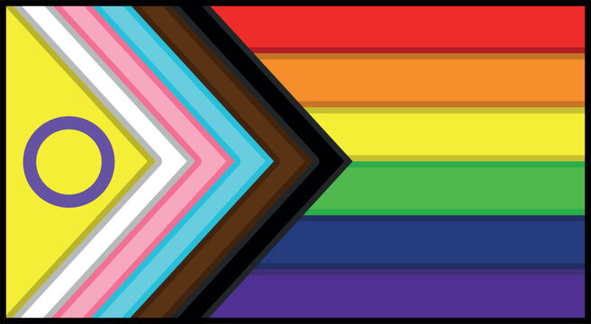 Intersex inclusive progress pride flag vector illustration, Geometric rainbow flag background with black border, Colorful graphic design for LGBTQ+ community pride month