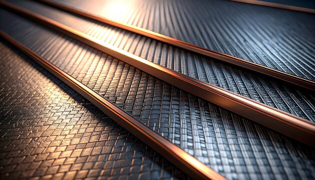 Extreme macro of forged carbon fiber with copper veins and technical interlocking fibers on dark slate copy space