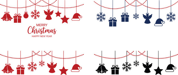 Christmas hanging ornaments vector borders set with festive garlands snowflakes bells stars and holiday greetings typography © MDARIFUL