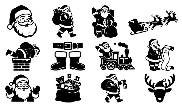 Bold black silhouette Christmas Santa Claus vector icon set with flying sleigh and bearded Santa profile shapes