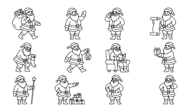 Minimalist elegant Christmas Santa Claus vector set with intricate line art waving Santa and holiday character designs