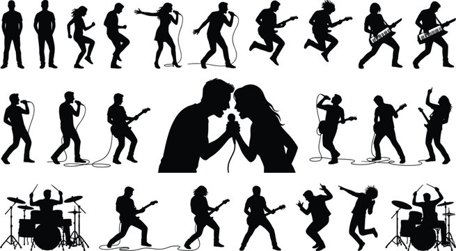 Energetic band performance silhouettes of musicians singing, playing guitar, drums, and keyboard on white background