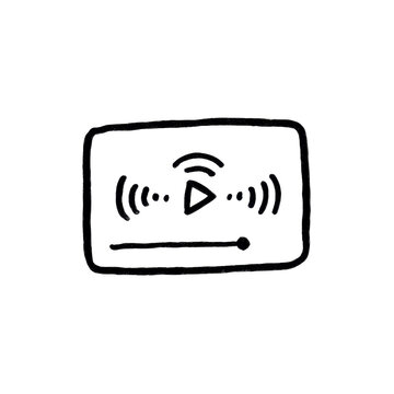 Hand-drawn illustration of a media player on screen with audio waves and play button