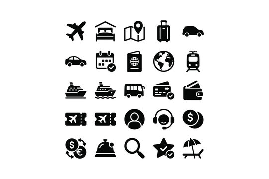 Travel and logistics transportation glyph icon set, tourism holiday vacation vehicle symbols vector illustration