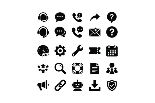 Web contact and communication black solid glyph icon set, customer service support thin line symbols vector
