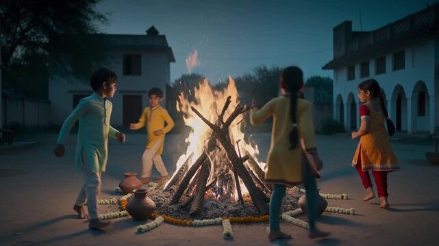 Group of children in traditional clothing play around a bonfire at night, with decorative pots and flowers arranged around the fire in a courtyard setting