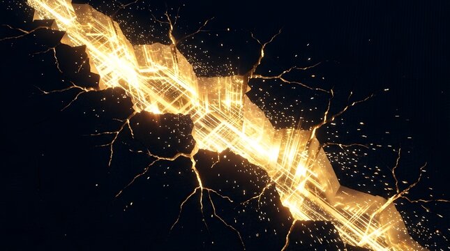 Futuristic abstract technology background glowing digital circuit board light bursting through ground crack chasm