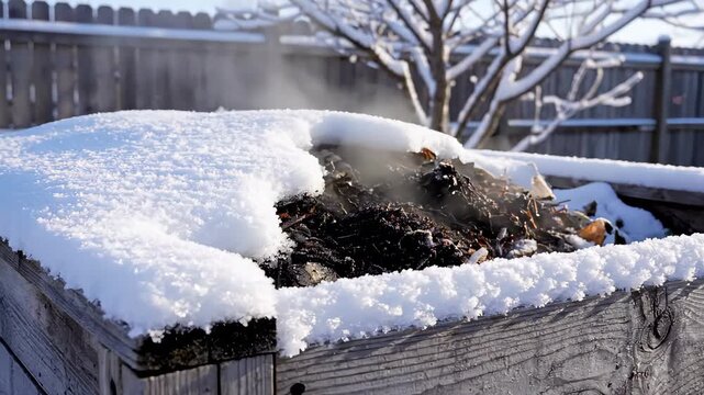 Steam rising from a warm compost pile covered in fresh snow. Active decomposition generating heat in a wooden backyard bin during cold winter weather. Sustainable organic gardening concept