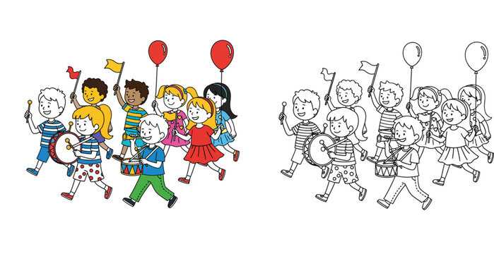 Children's Parade with Drums and Balloons - Happy Kids Marching in a Festive Celebration