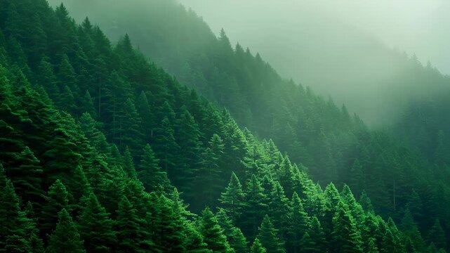 Mists rolling over a dense mountain forest with coniferous trees. Cinematic nature landscape showing morning fog through the peaks. Wilderness and ecology concept.