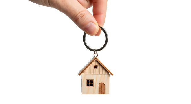 Hand holding house keychain with miniature house model