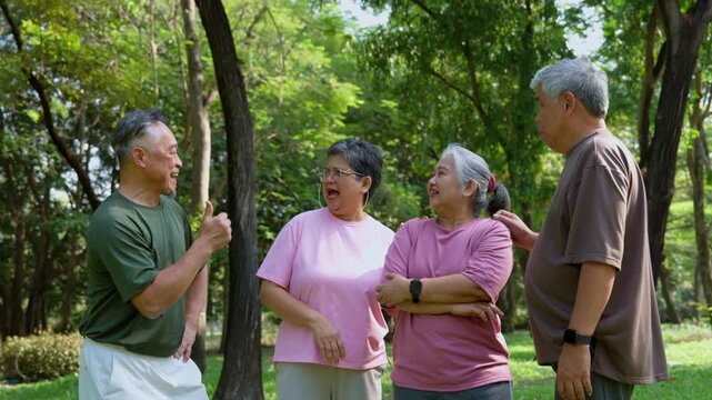 Whispering Memories in the Park: A cheerful group of elder friends share warm moments, immersed in verdant surroundings, fostering connections and reminiscences of a life well-lived.