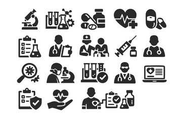 Fototapeta premium Clinical Study and Medical Research Icon Set Featuring Biochemistry, Pharmaceutical, Cardiology, Laboratory Diagnostics, Healthcare Professional, Patient Care, and Scientific Analysis Symbols