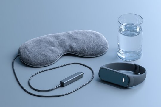 Wearable sleep tracker charging with eye mask and water glass on blue surface