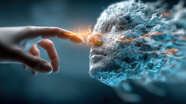 A human finger touches a digital face, sparks of energy bridging the gap between organic and artificial intelligence. ..Created with Generative AI, not depicting real subjects.