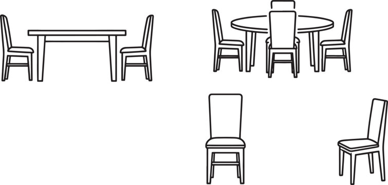Dining room furniture set with rectangular and round tables and chairs in a simple black line art vector illustration