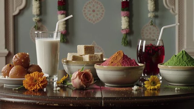 Colorful traditional Indian sweets and festive powders arranged on a wooden table with decorative background and floral elements, showcasing vibrant cultural celebration