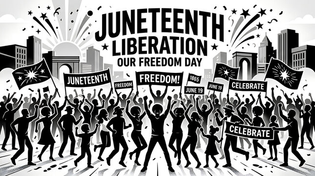 Juneteenth celebration illustration with diverse crowd and fireworks against a city skyline in black and white