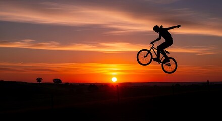 Obraz premium Silhouette of a cyclist performing stunt against a vibrant sunset sky