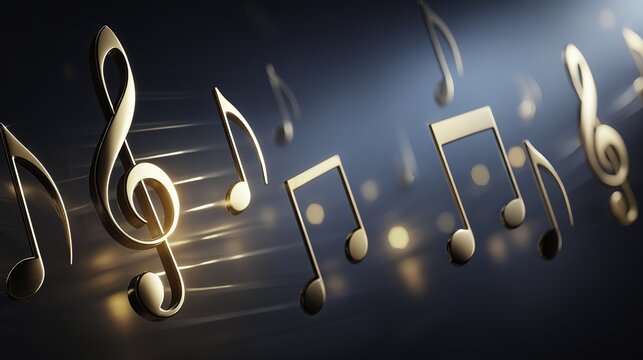 Golden musical notes and treble clefs floating in a dark, illuminated space with glowing light trails