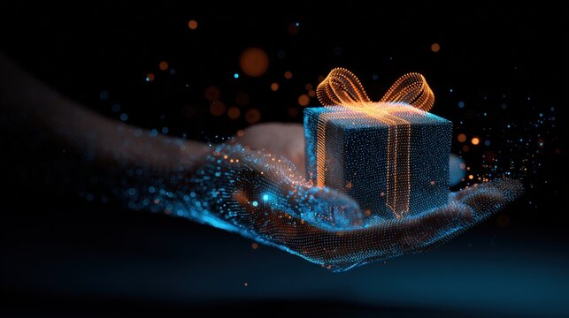A hand offers a glowing gift box, emanating a magical aura of light particles and energy, symbolizing generosity and wonder. ..Created with Generative AI, not depicting real subjects.