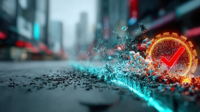 Abstract glowing gear with red checkmark breaks through the pavement, illuminated by neon blue light in a futuristic urban landscape. ..Created with Generative AI, not depicting real subjects.