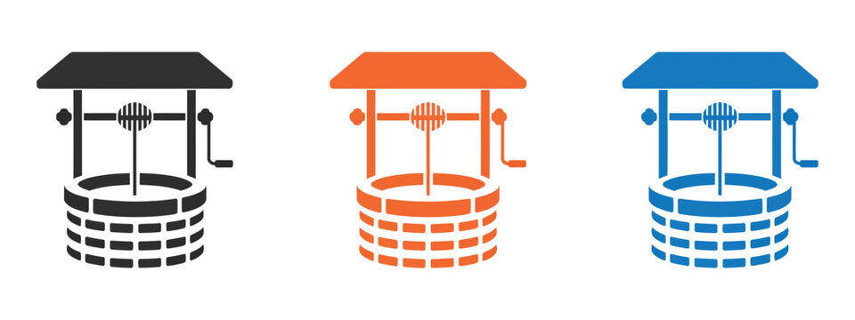 Water well, stone bucket well with rope pulley open top design in peaceful village setting, traditional rural water source beside countryside homes and natural landscape.