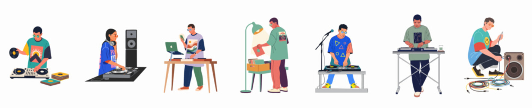 Set of flat illustrations featuring DJs and music producers mixing music, browsing vinyl records, and setting up audio equipment on a white background.