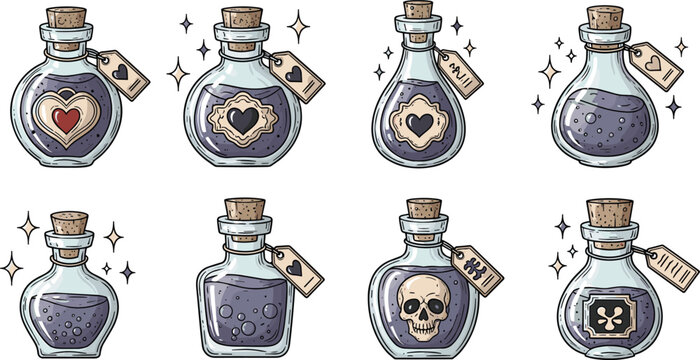 Magic potion bottles set with purple liquid, hearts, skull, cork stoppers and tags isolated on white background.
