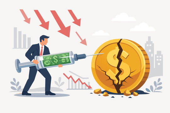 Businessman using a large syringe filled with cash to inject liquidity into a broken gold dollar coin, symbolizing economic stimulus, financial recovery, and government aid during a recession.