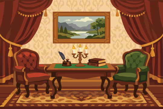 Vintage Interior of a Classic Study Room with Antique Wooden Table, Red and Green Velvet Armchairs, Elegant Curtains, Landscape Painting, Candelabra, Books, and Patterned Rug Vector Illustration