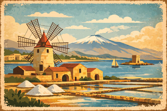 Vintage Sicily Travel Postcard Illustration Featuring a Traditional Windmill at the Salt Pans with Mount Etna Volcano in the Background, Mediterranean Sea, Sailboat, and Retro Poster Style