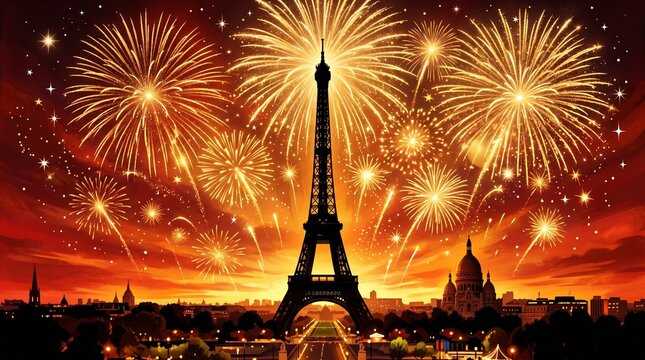 Eiffel tower in paris with bright colorful fireworks display in the night sky during celebration