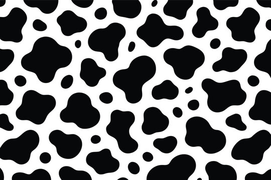 Seamless Black and White Cow Print Pattern Vector Illustration, Minimalist Animal Skin Texture Background for Fabric, Wallpaper, Wrapping Paper, and Fashion Design Graphic Resource