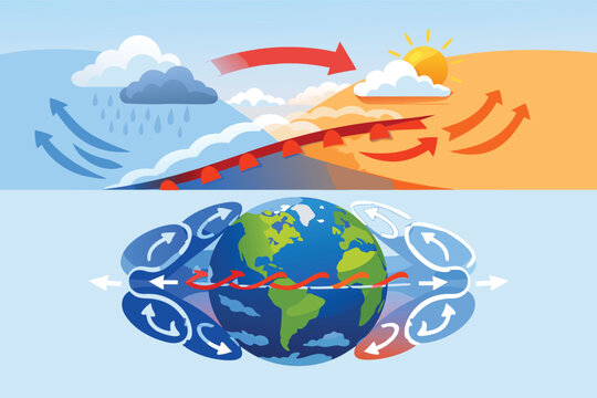 Atmospheric Warm Front Vector Illustration Diagram wih Air Mass Movement, Cloud, Rain, and Sun. Global Eath Air Circulation Scheme ith Wind Patterns, Hadley ells, Jet Stream, and Climte.