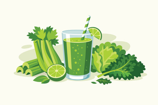 Fresh Green Juice Vector Illustration with Celery, Lettuce, Kale, and Lime Ingredients; Healthy Detox Smoothie in Glass with Straw for Wellness, Nutrition, Dieting, and Organic Lifestyle Design.