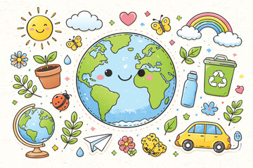 Obraz premium Hand Drawn Earth Planet Scrapbook Doodle Sticker Collge Featuring Cute World Glbe, Recycling, Electric Ca, Green Plants, and Sun fo Environmental Protection nd Sustainability Educatio.